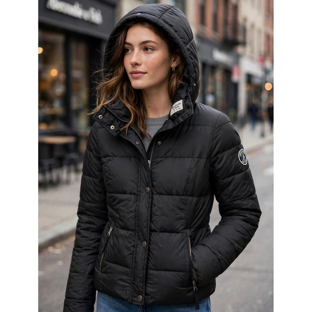 Abercrombie & Fitch Black Climafill Puffer Jacket Faux Fur Lined Hooded XS